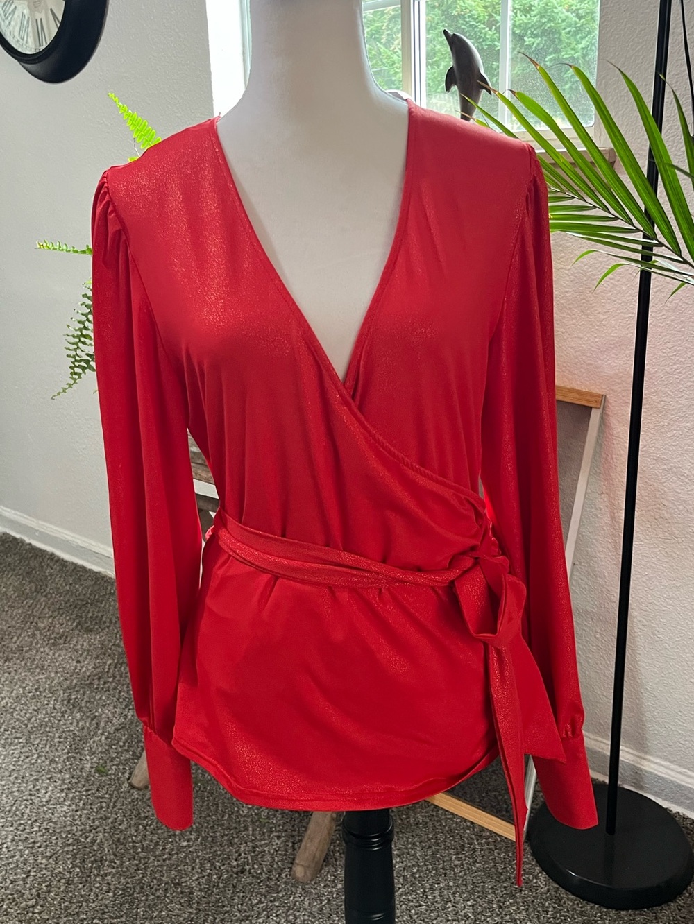 Women's Red Wrap Blouse with Tie Waist